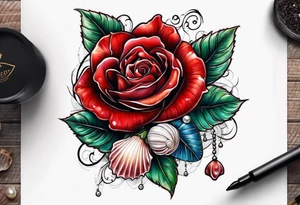 Red rose with seashell and pearls tattoo idea