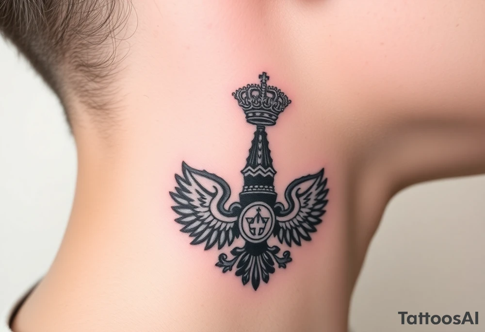St. George, 3 russian imperial crowns above the Russian coat of arms double eagle and sitting above its wingspan sitting just above Kremlin or St. Basil's Cathedral scene  on the side of my neck tattoo idea