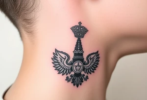 St. George, 3 russian imperial crowns above the Russian coat of arms double eagle and sitting above its wingspan sitting just above Kremlin or St. Basil's Cathedral scene  on the side of my neck tattoo idea