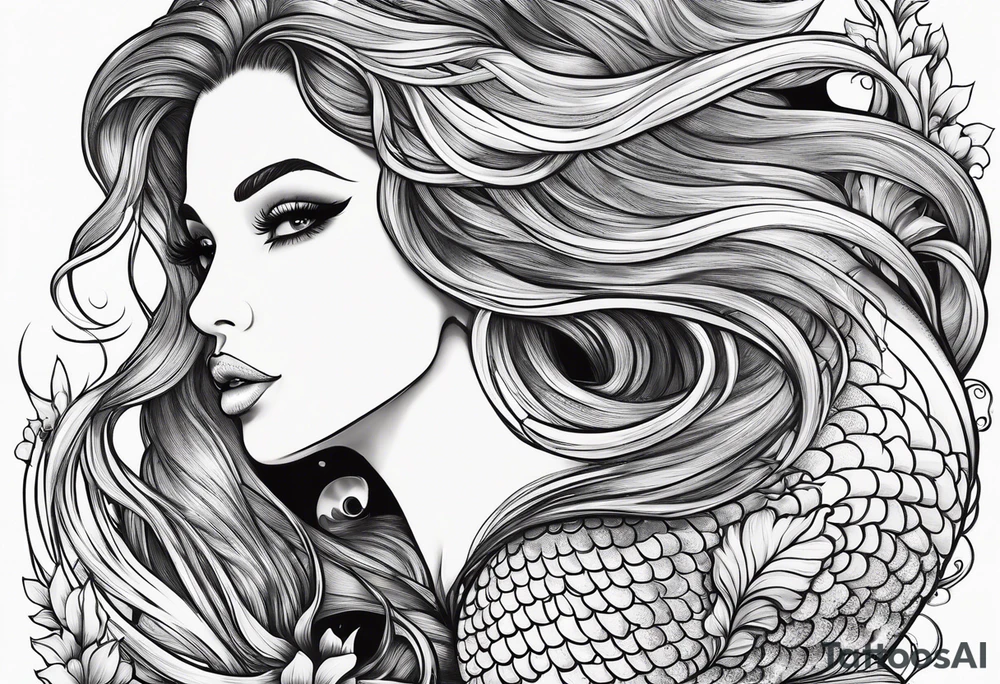 sexy full bodied mermaid with long 
flowing tail and hair, tattoo sleeve tattoo idea