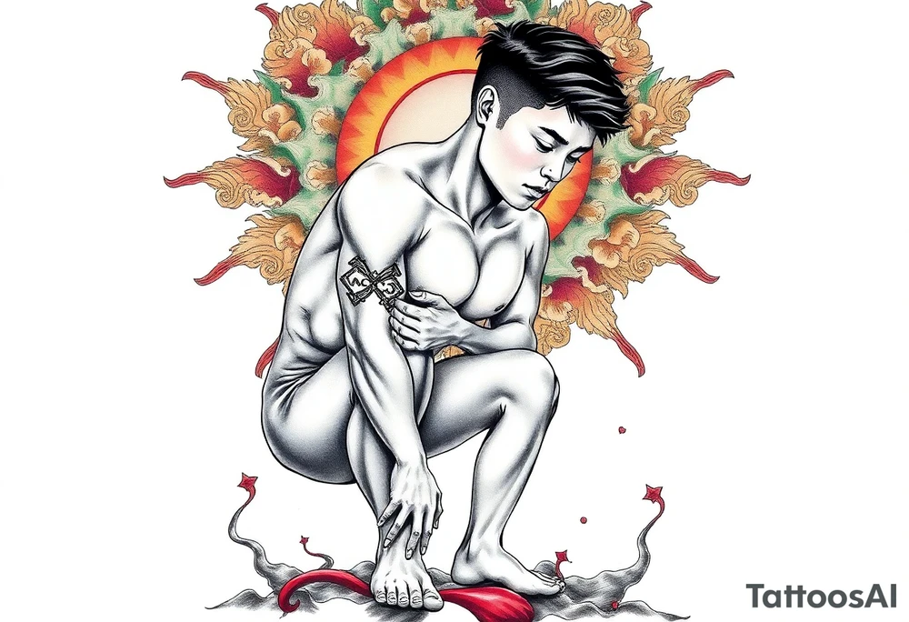 Handsome Asian young guy is standing on his knees and looking down tattoo idea