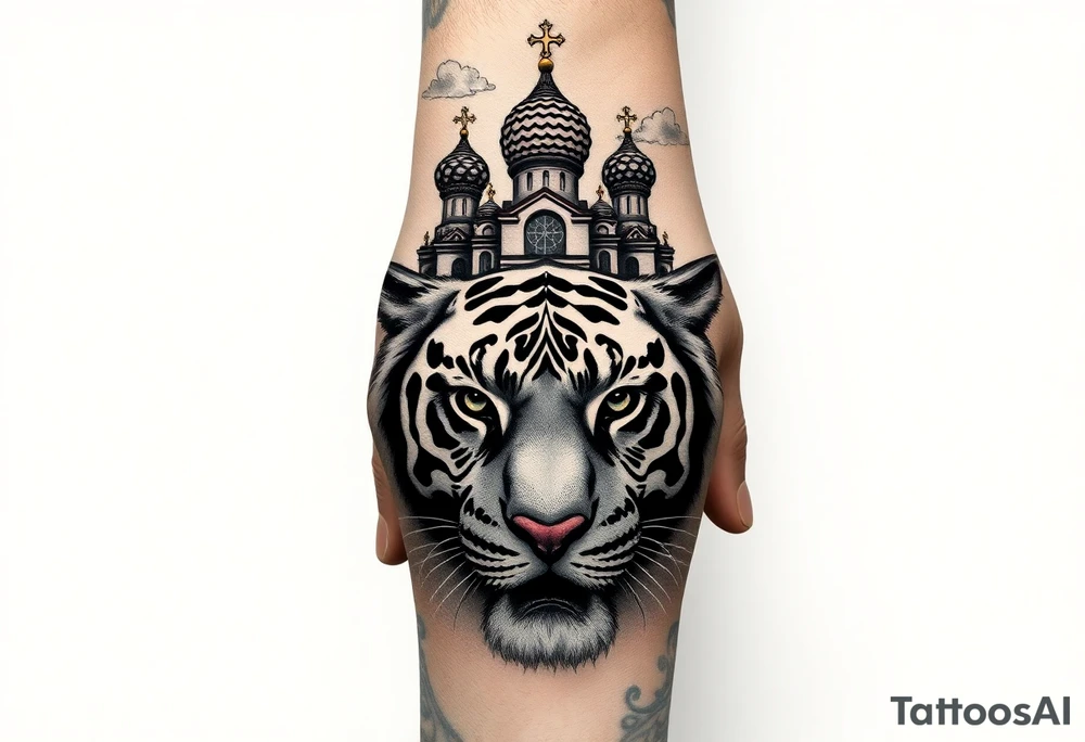 Realistic tiger face on the back of the hand with strong contrast and fine detail with hollow black eyes. with a highly detailed Russian Orthodox cathedral sitting above on fore arm with onion domes and orthodox crosses, done in fine line, engraving-like style. Cohesive composition, black ink only, no color, high contrast, slightly aged, documentary-style, plain light background. with clouds above and a virgin mary tattoo idea