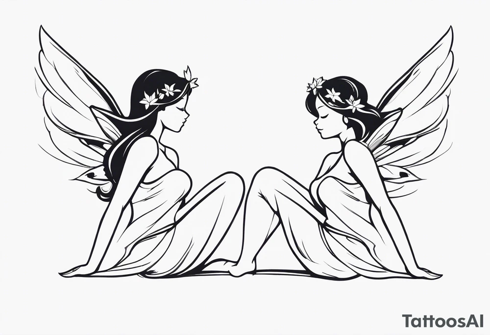 Minimalistic, monochromatic fairy with a tail flying to the left in a fetal position, leaning and looking in the same direction, with visible hands, embodying the 'Fairy Tail' logo aesthetic. tattoo idea