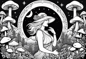 Chubby old blonde woman surrounded by mushrooms crescent moon mountains background tattoo idea