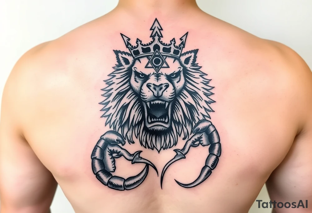 Full arm tattoo, Poseidon , a powerful and majestic lion with a crown and in the middle of this crown a square is a freemason's compass, a realistic scorpion, tattoo idea