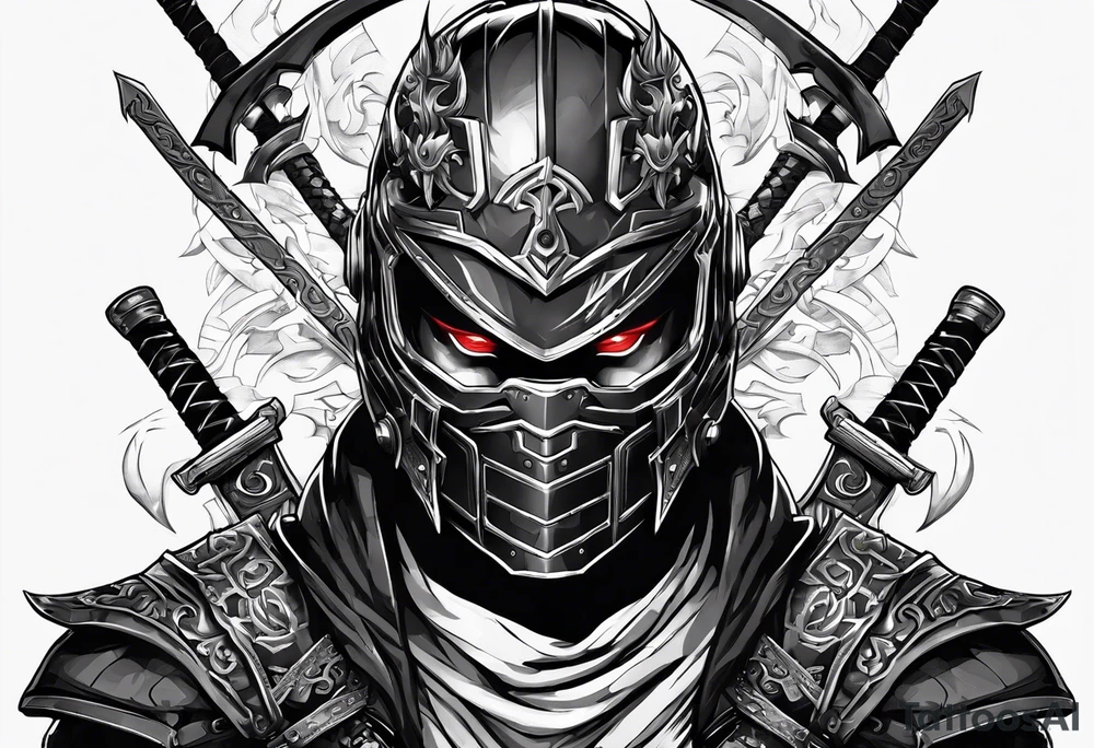Angry Male Modern robot ninja with demon mask with swords in hands tattoo idea
