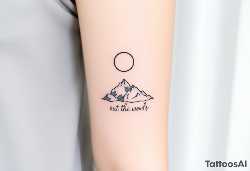The crescent moon and mountains remain the core of the tattoo, keeping the vertical, elegant structure.
lyrics from Exile or Out of the Woods would be subtly written in fine-line script, following the natural flow of the design.
The text could curve slightly along the mountain range or appear as if dissolving into mist, reinforcing the themes of distance and fading memories. tattoo idea