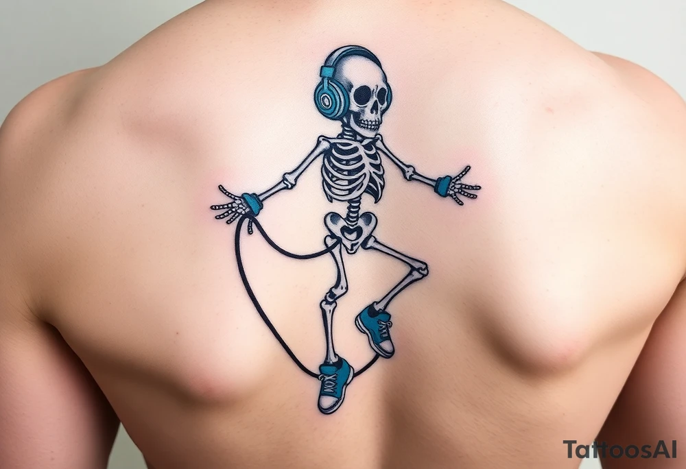 Funny small skeleton jumping on jump rope with a blue headphones and blue tennis shoes and blue wrist bands tattoo idea
