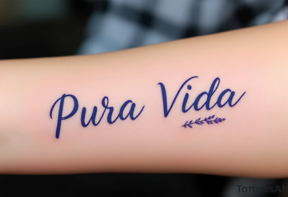 Simple cursive “Pura Vida” inked in navy blue with a small lavender sprig underlining the text. tattoo idea