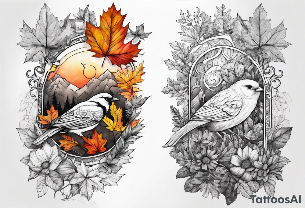 thigh tattoo with fall colors and nature theme tattoo idea