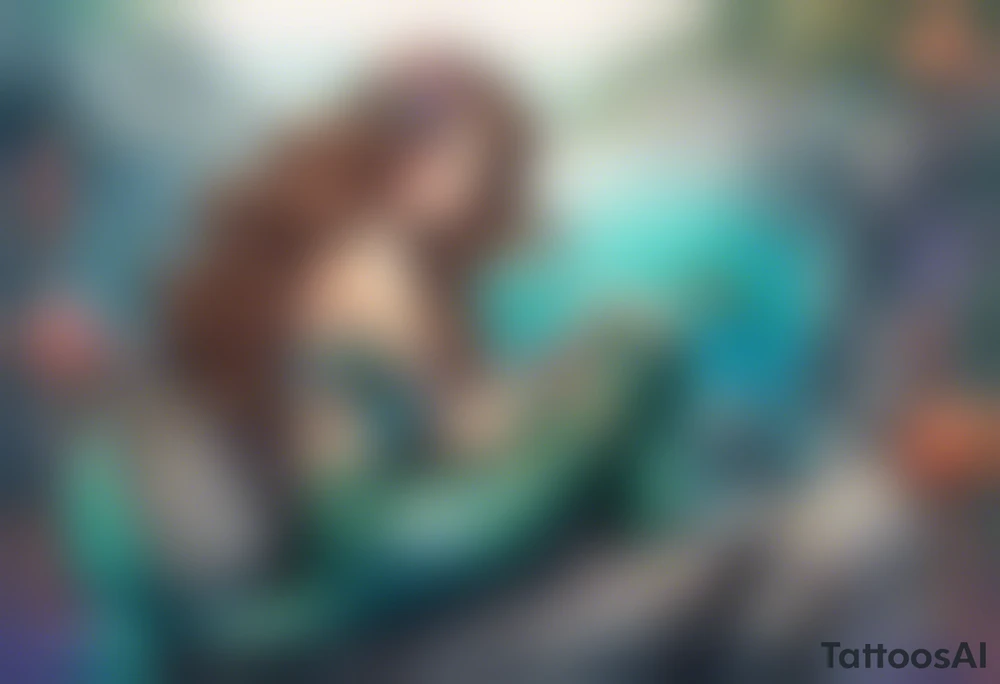 mermaid with brown hair, sitting on rock, with skeleton tattoo idea