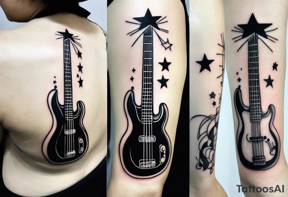 A well balanced tattoo full left arm with the following images:
a bass guitar, 
2 stars, 
1 quarter moon, 
a caduceus symbol and 
a mickey mouse shadow tattoo idea