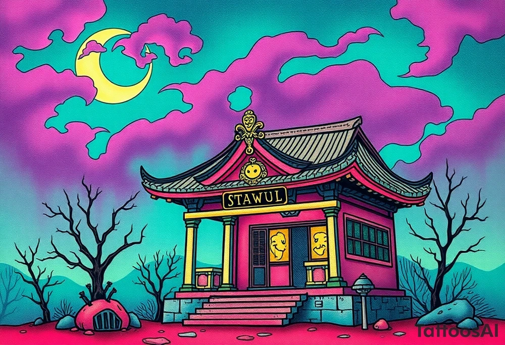 Tim Burton’s haunted pastel Tokyo shrine is abandoned and dripping with muted reds, dusty pinks, and eerie green glow.purple and cyan smokey clouds swirl in the crescent moonlit sky thats sprinkled with stars tattoo idea tattoo idea