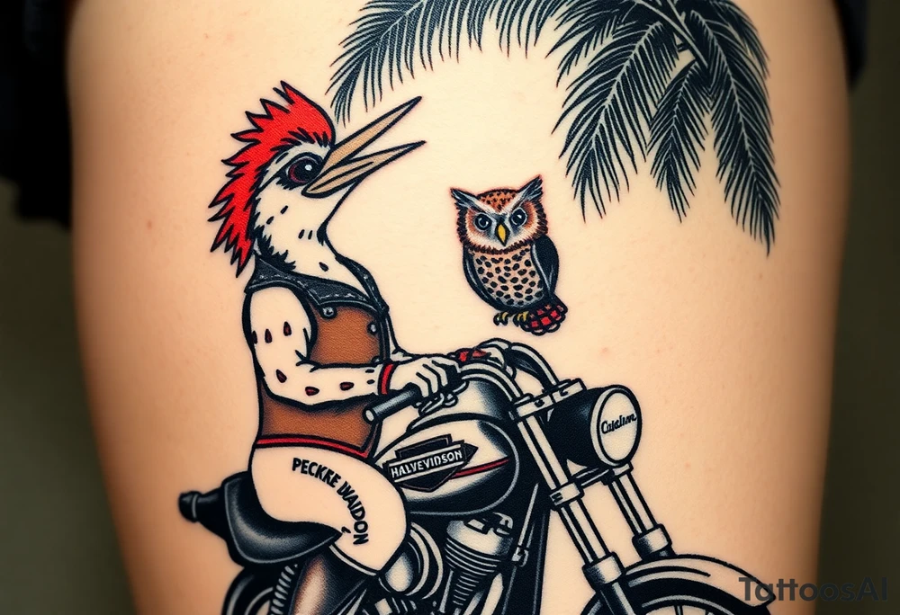 Woody the woodpecker wearing a leather vest that says peckerwoods, on a Harley Davidson under a palm tree, gazing in love at a barn owl tattoo idea