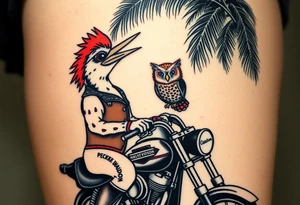 Woody the woodpecker wearing a leather vest that says peckerwoods, on a Harley Davidson under a palm tree, gazing in love at a barn owl tattoo idea