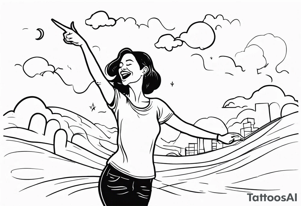 Silly. odd woman ugly dancing pointing her fingers up in the sky tattoo idea
