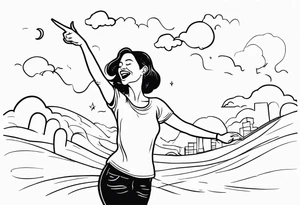 Silly. odd woman ugly dancing pointing her fingers up in the sky tattoo idea