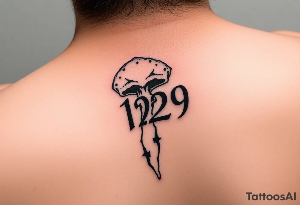 A 5x5cm squared forearm grunge tattoo with the number 129 and something like a fungus tattoo idea