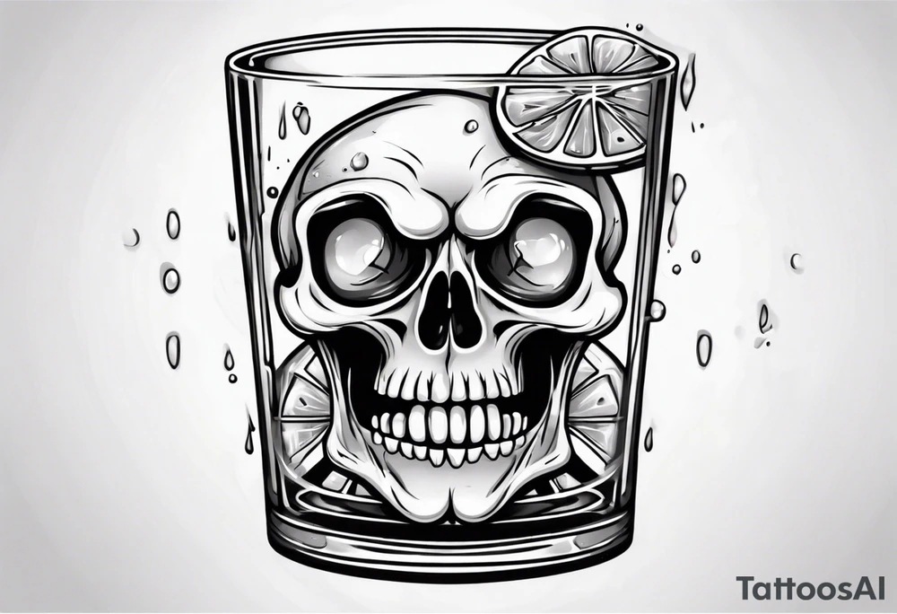 A smiling scull inside the glass with alcohol and piece of lime tattoo idea