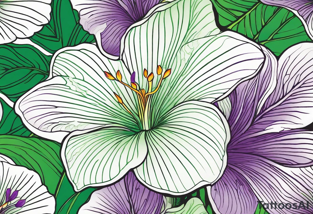 An outline of a green rio dipladenia flower and a green/purple splash in the background tattoo idea