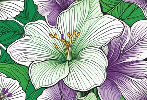 An outline of a green rio dipladenia flower and a green/purple splash in the background tattoo idea