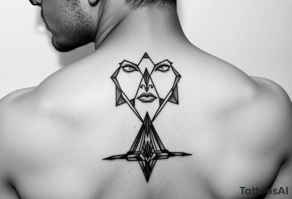 I want a portrait of Ryan Ashelys (the female tattoo artist) face in line work style black. Geometric  with the middle bottom going down to a point towards my middle finger tattoo idea