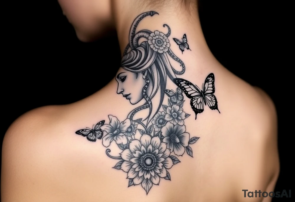 Side portrait of Medusa with flowers, butterflies 
and mandala tattoo idea