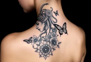 Side portrait of Medusa with flowers, butterflies 
and mandala tattoo idea