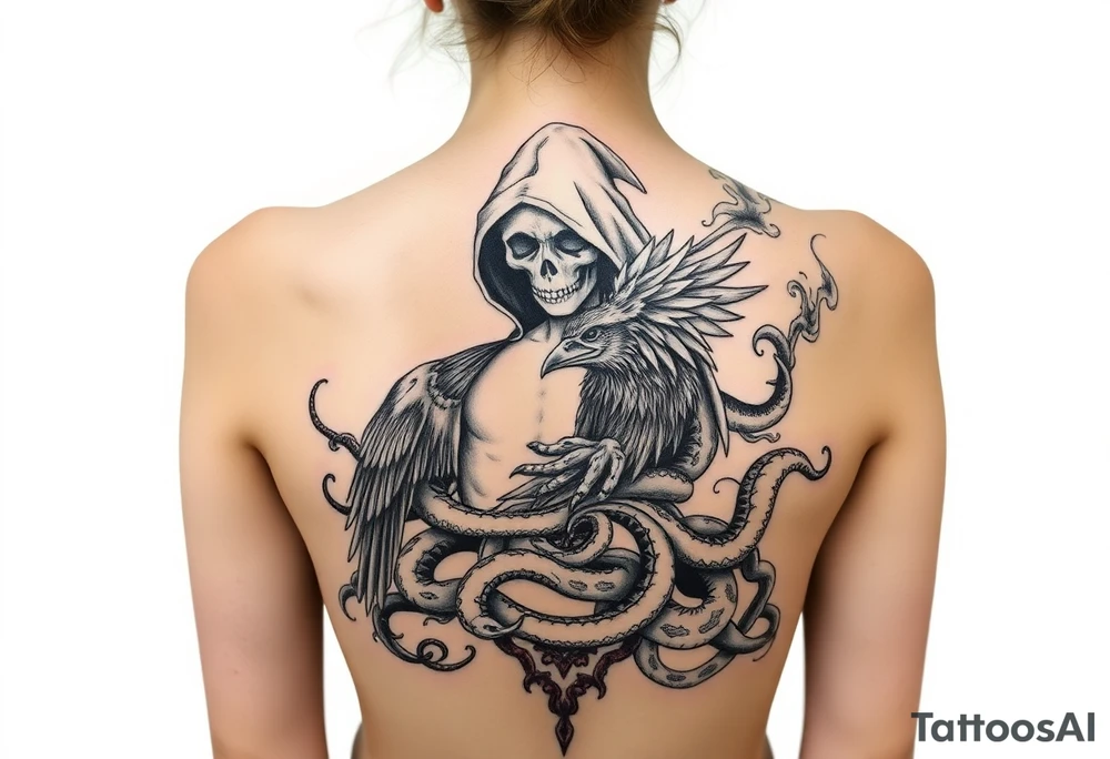 Mix grim reaper, snakes, crow and smoke, all the way back, not just upperback tattoo idea