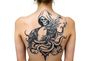 Mix grim reaper, snakes, crow and smoke, all the way back, not just upperback tattoo idea