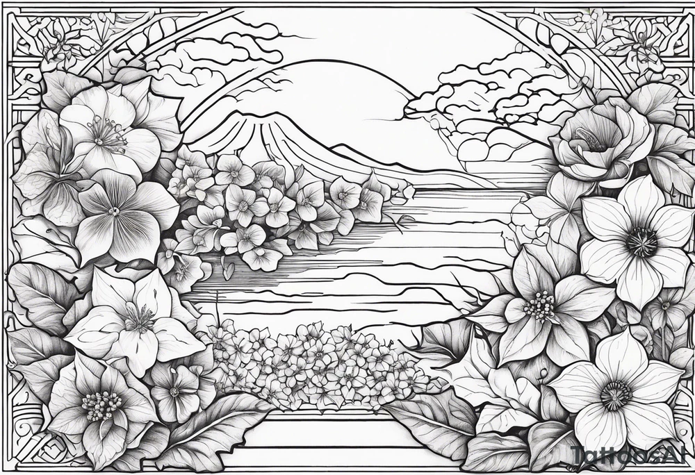 Hydrangea, Narcissus, Poinsettia, Holly, Gladiolus, Poppy, Daisy, Sweet Pea floral tattoo idea
