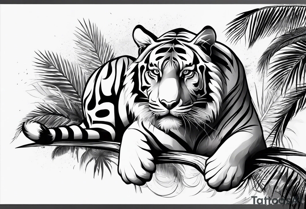 tiger laying on palm tree tattoo idea