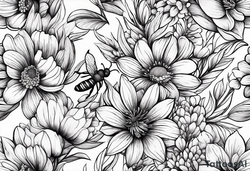 Arm wrap floral dainty soft leaves with bee dragonflower, lavender tattoo idea