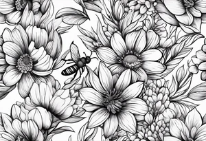 Arm wrap floral dainty soft leaves with bee dragonflower, lavender tattoo idea