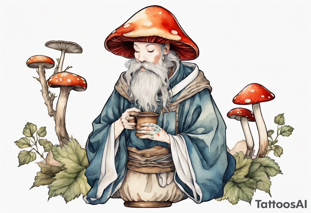 mushroom wearing a medieval tunic drinking from a wood cup tattoo idea