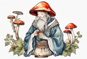 mushroom wearing a medieval tunic drinking from a wood cup tattoo idea
