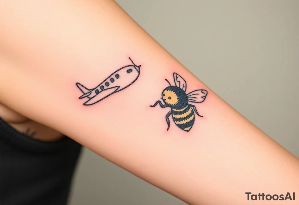 airplane flying next to a bumblebee tattoo idea