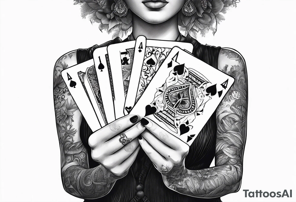 raised woman hand holding cards tattoo idea