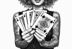 raised woman hand holding cards tattoo idea
