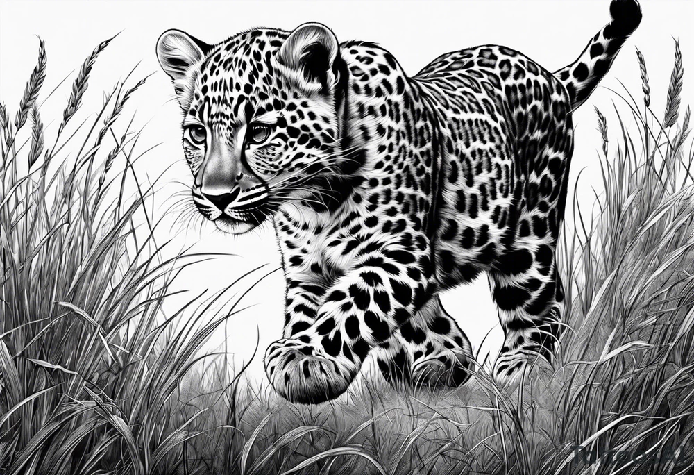 baby leopard walking with gras in the background tattoo idea