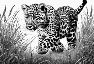 baby leopard walking with gras in the background tattoo idea