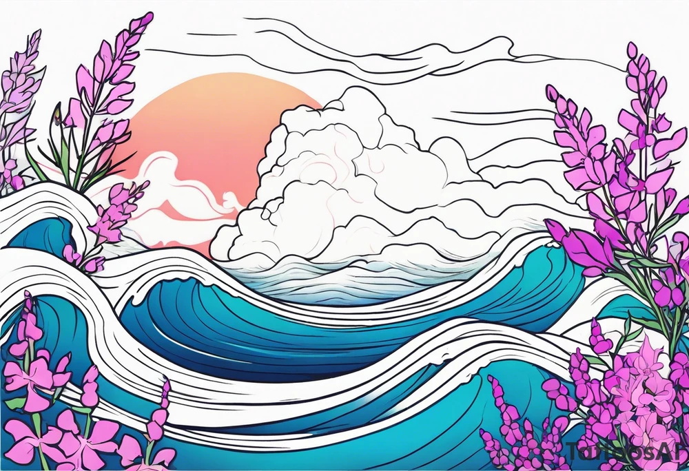 ocean wave surrounded by lupin and fireweed tattoo idea