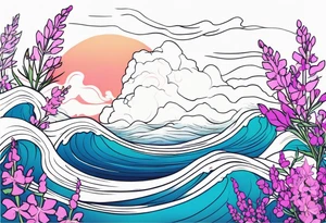 ocean wave surrounded by lupin and fireweed tattoo idea