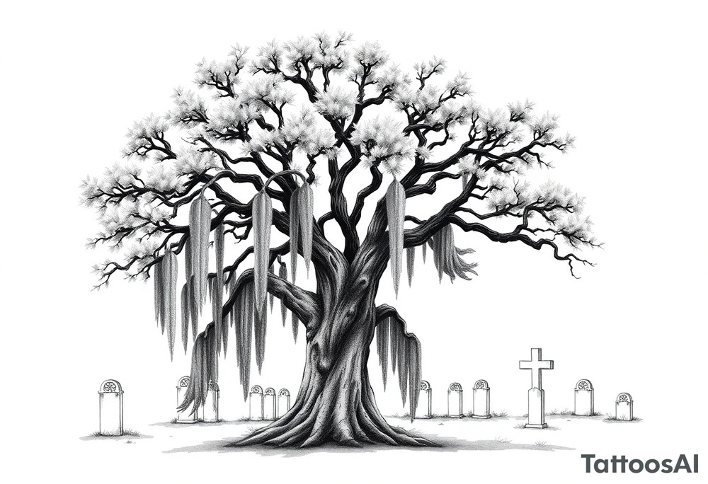 Oak tree with Spanish moss in a cemetery tattoo idea