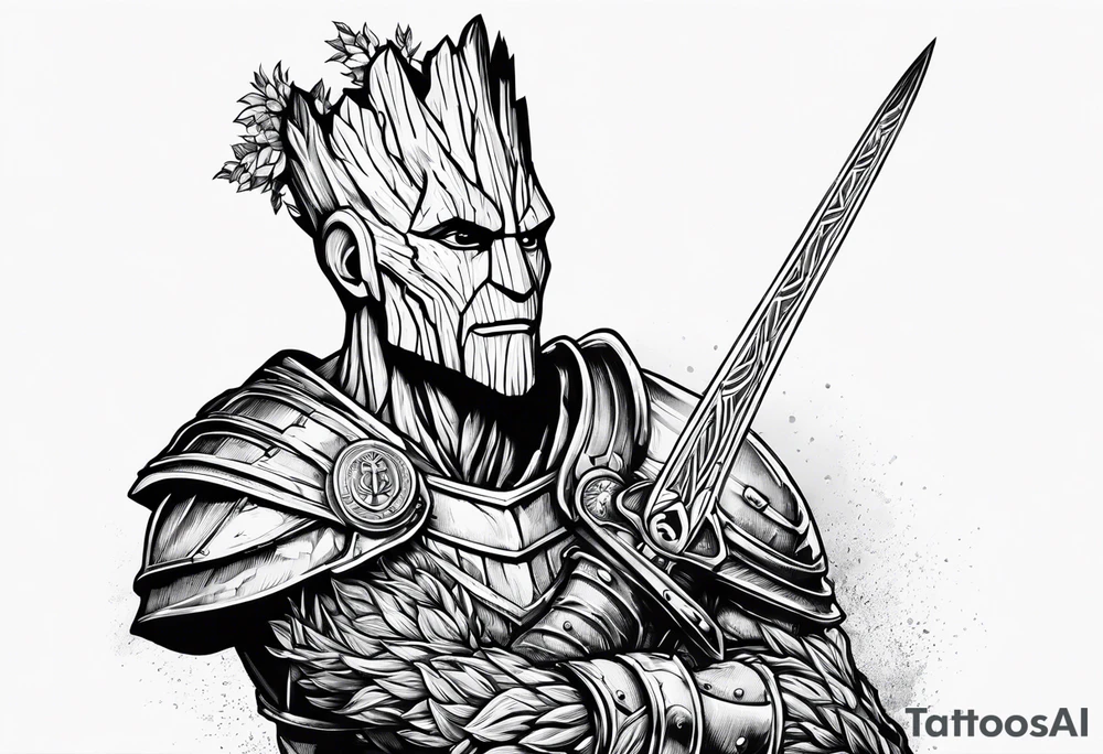 Groot greek warrior, half viewed with sword, knight tattoo idea