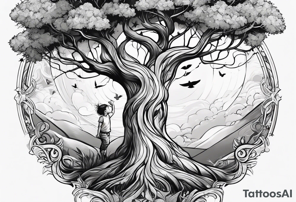 man who throws a little girl under a tree of life tattoo idea