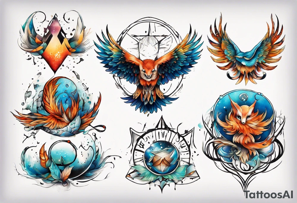fisch, fuchs und eule , symetrie universum, bunt tattoo idea