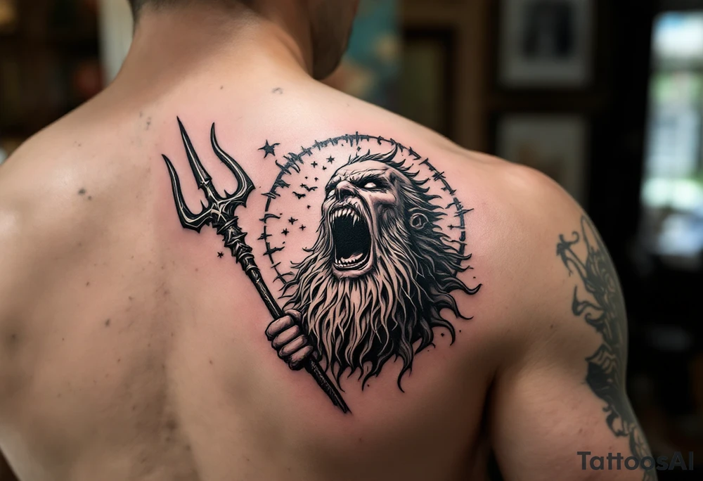 screaming poseidon, behind a trident, looking at the sky tattoo idea