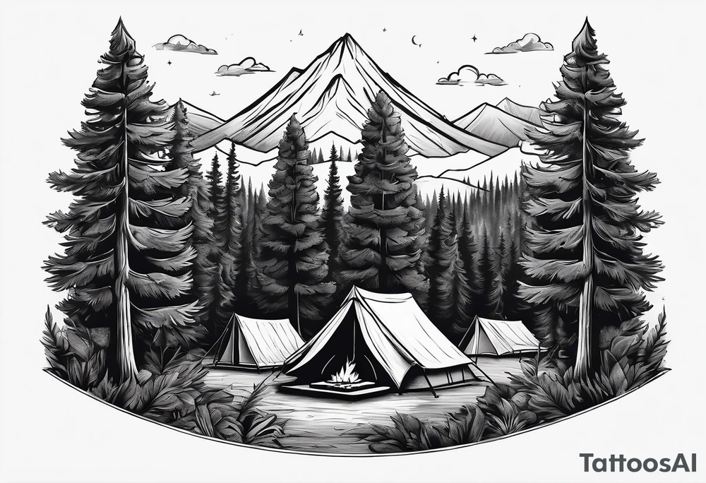 Campground with a small tent and small fire pit with smoke going into the sky. Forest of trees surrounding it with 3 large pine trees being the focus in the background. tattoo idea