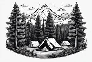 Campground with a small tent and small fire pit with smoke going into the sky. Forest of trees surrounding it with 3 large pine trees being the focus in the background. tattoo idea